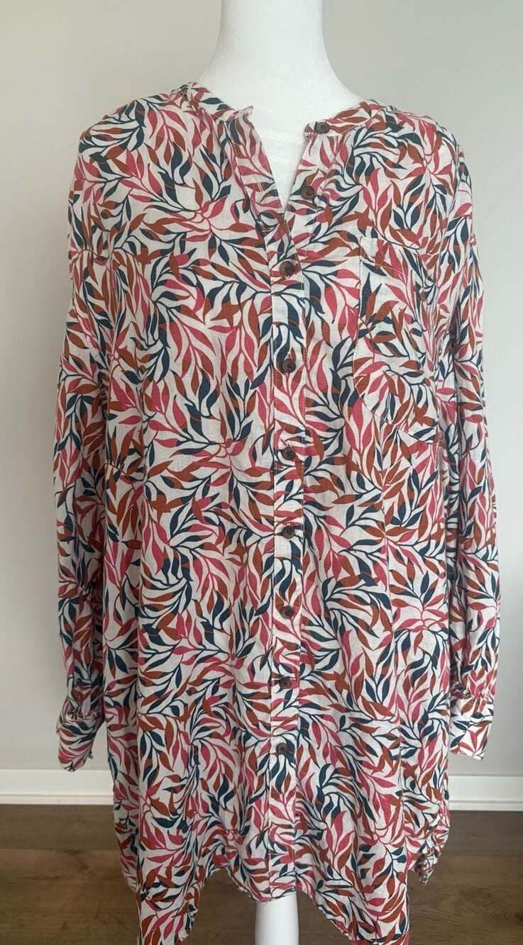 Lands’ End 3X 100% Linen Tunic Top Floral Leaf Print Button Front Long Sleeve